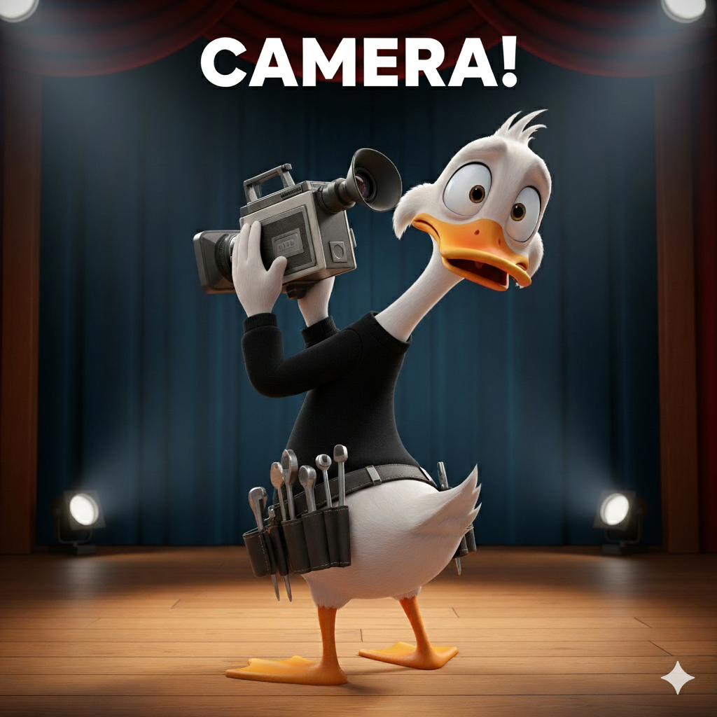 Duck holding a video camera backwards