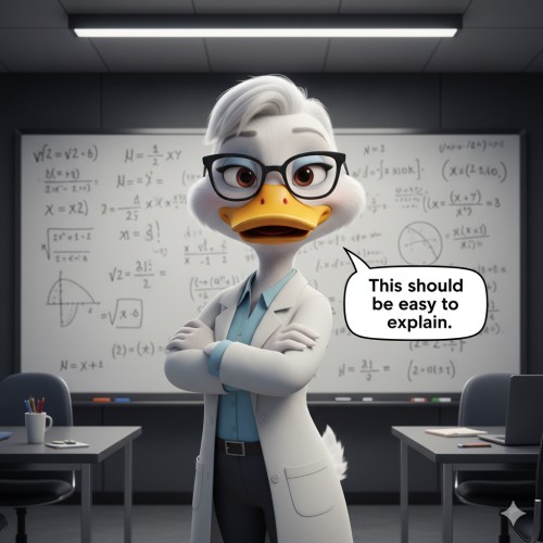 Duck standing in front of a whiteboard full of equations