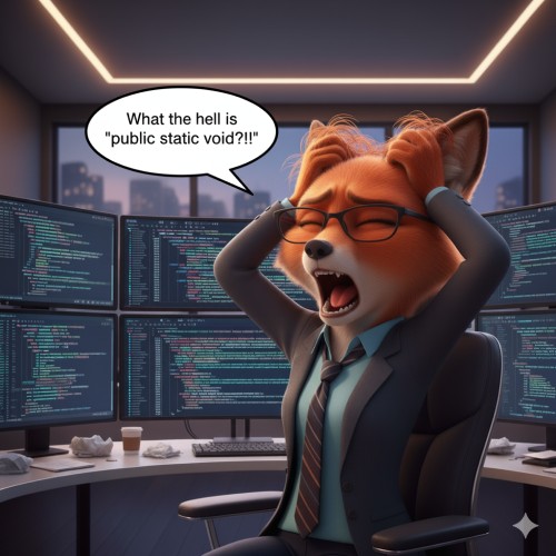Frustrated fox looking at computer code