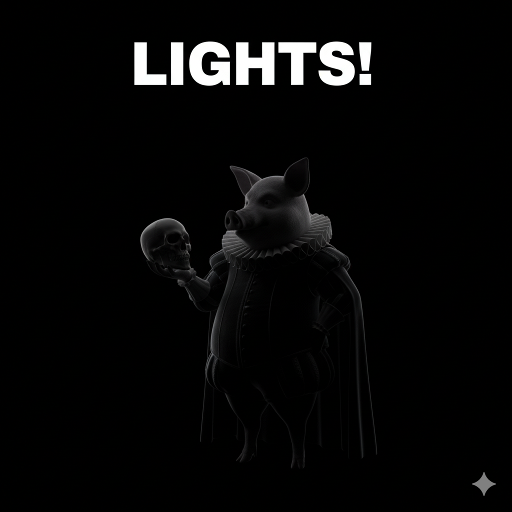 Pig performing Hamlet in the dark