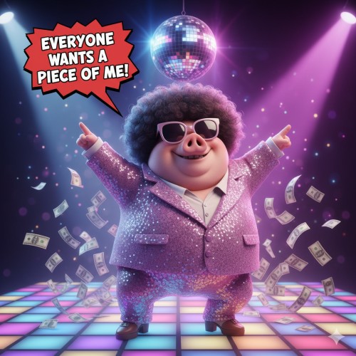 Dancing disco pig with dollar bills floating in the air