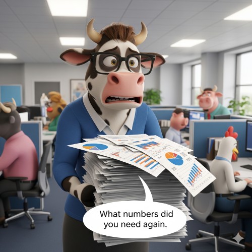 Cow with a stack of disheveled papers
