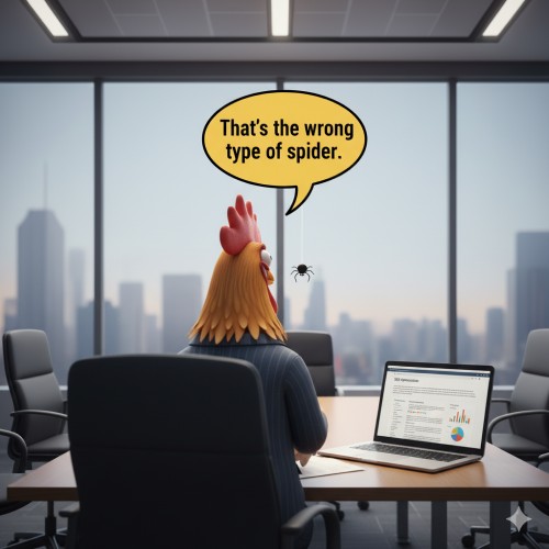 Rooster watching a spider drop