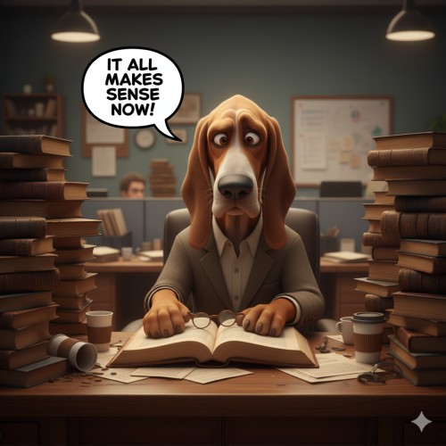 Bloudhound looking through a pile of books and papers