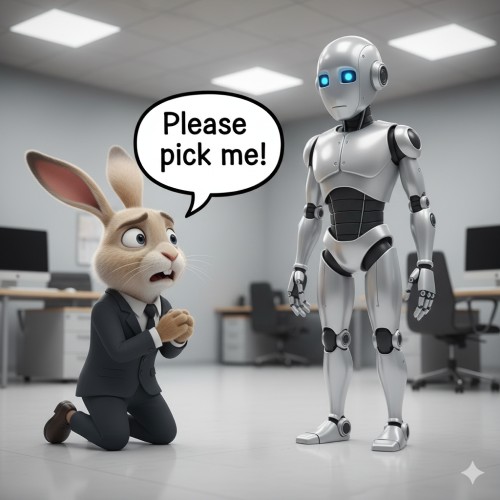 Rabbit begging a robot for attention
